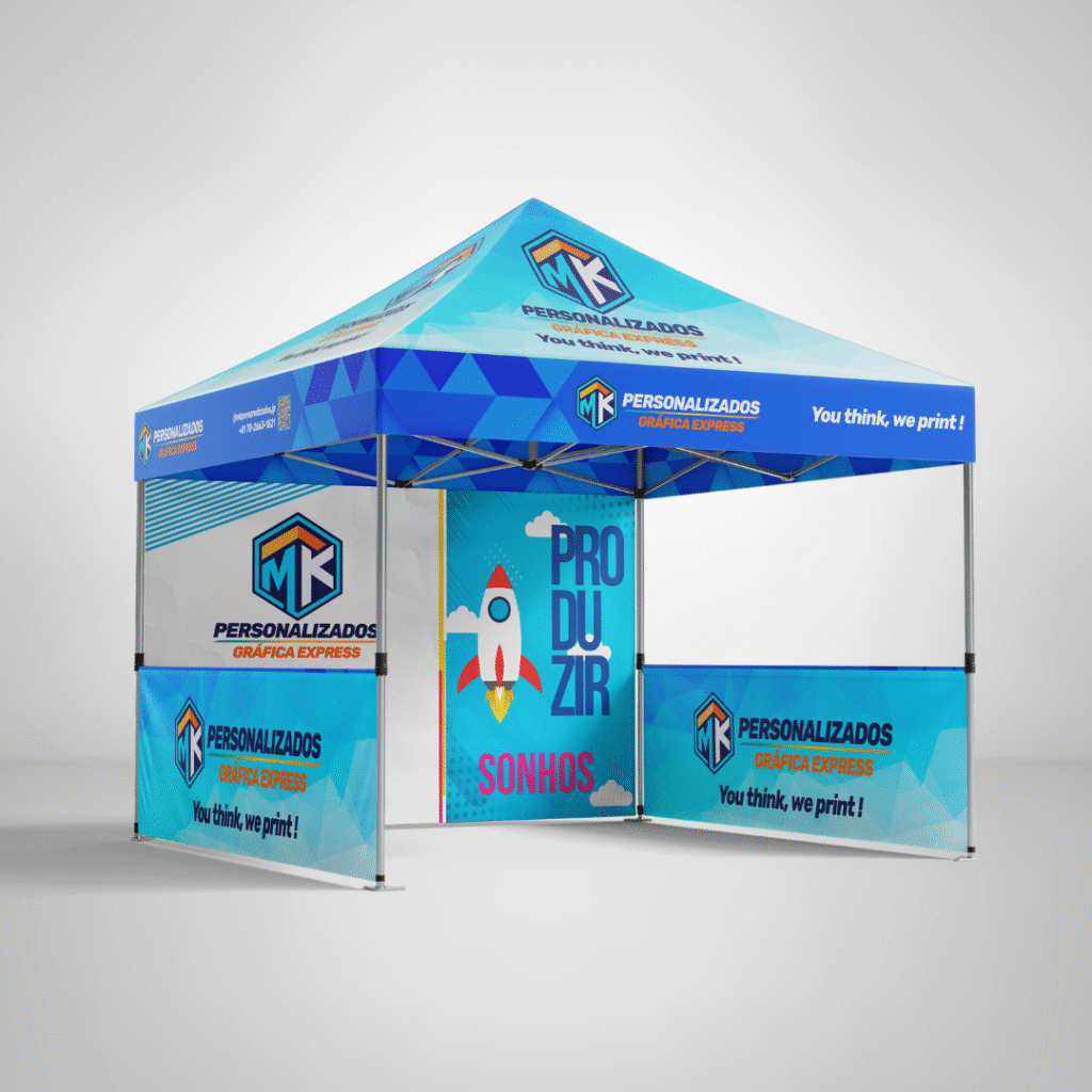 Tenda personalizada para eventos com impressão nas paredes e teto.
