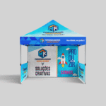 Tenda personalizada para eventos com impressão nas paredes e teto.