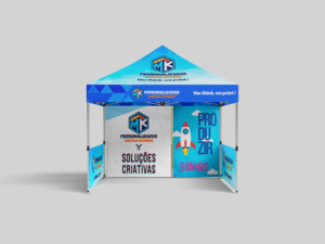Tenda personalizada para eventos com impressão nas paredes e teto.
