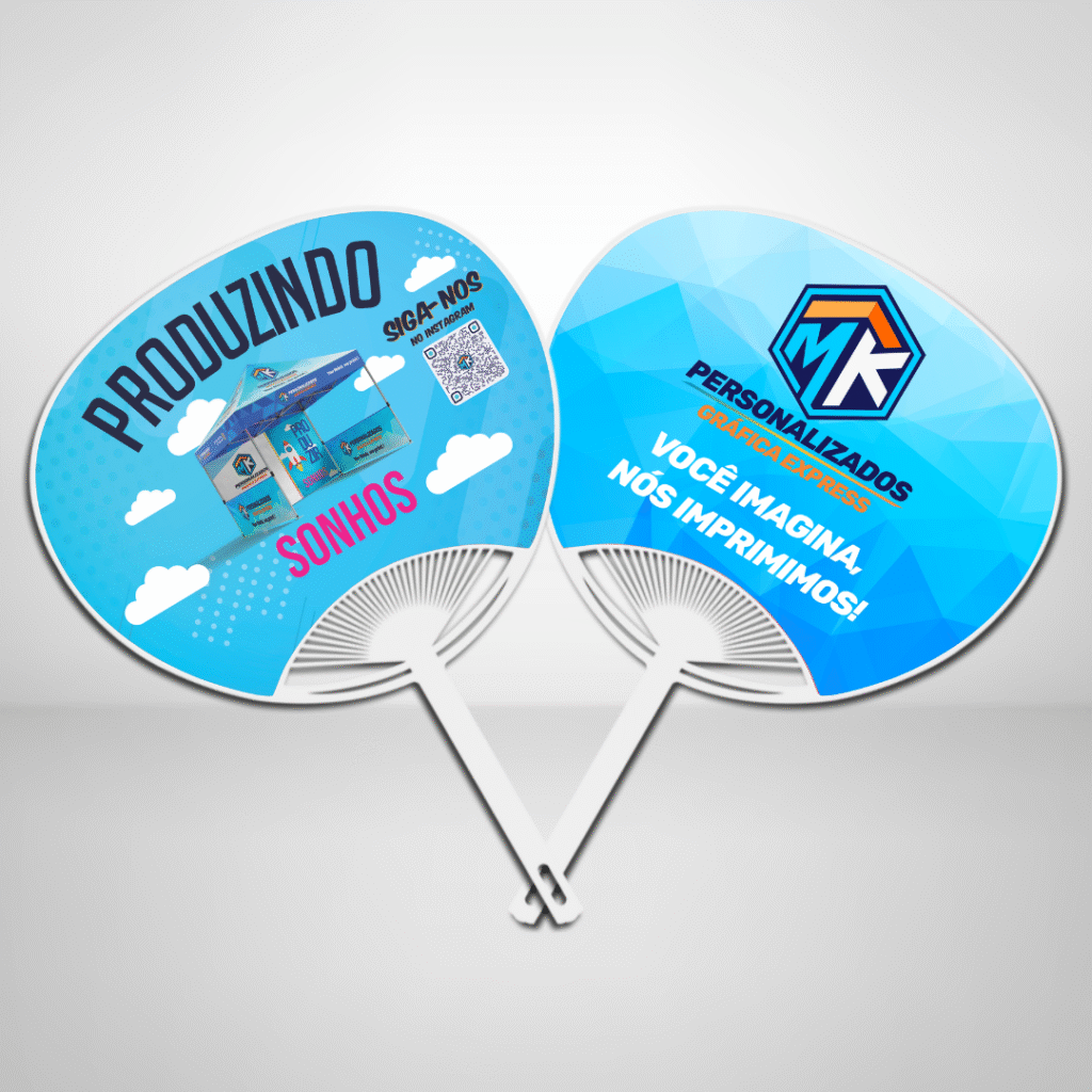 Uchiwa personalizado com impressão colorida, ideal como brinde promocional em eventos e campanhas